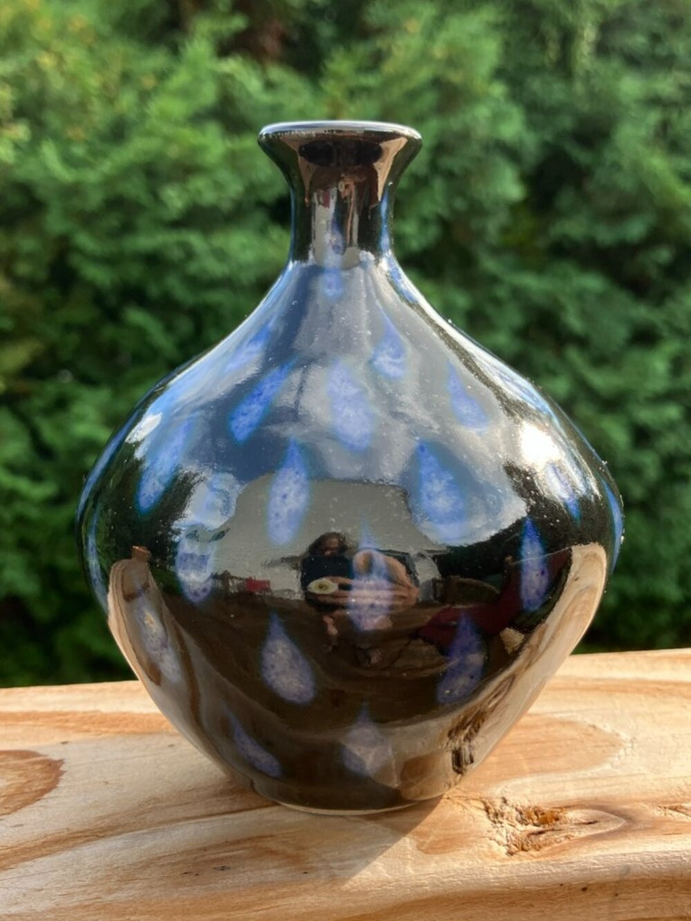Handmade 4¾" Bud Vase Sue Hall 1994 Artist Studio Pottery Blue Teardrop Pattern